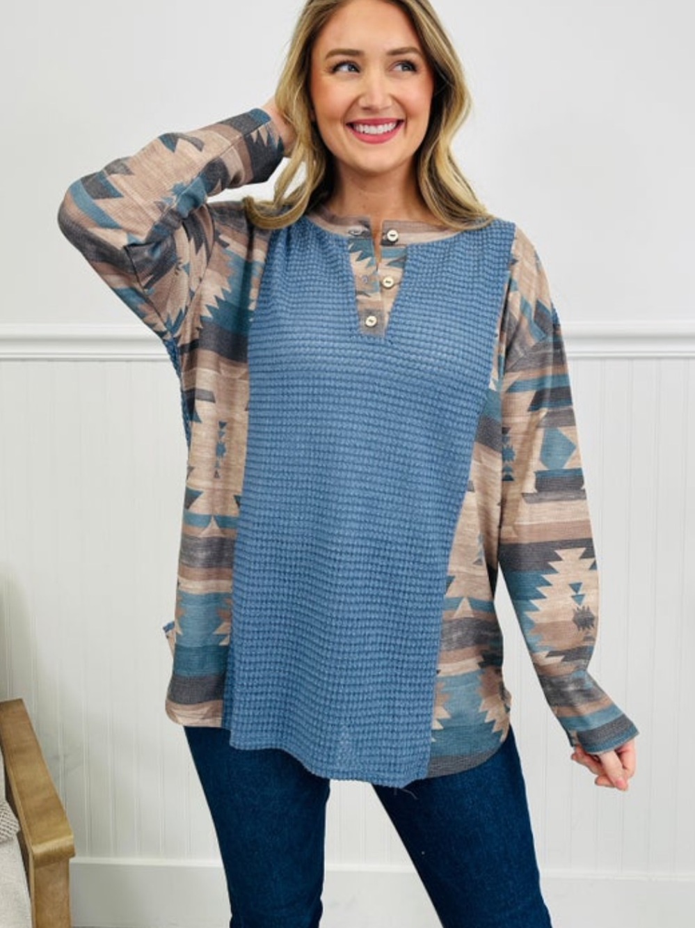 Like Love Women's Waffle Henley with Aztec Print Sleeves-Size Small Oversized